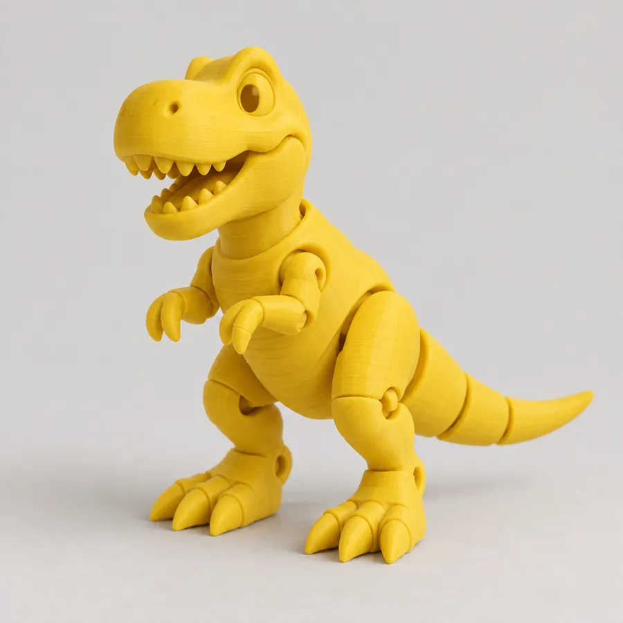 Tiranosaurio articulado impreso en 3D en amarillo