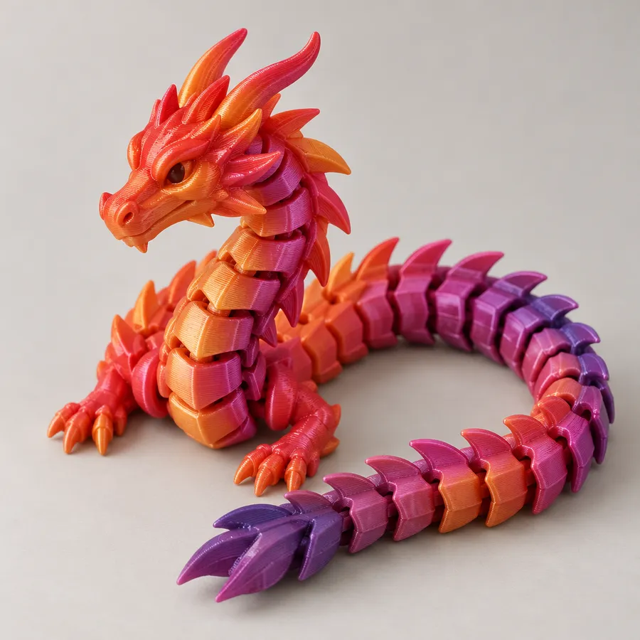 Dragón articulado impreso en 3D en filamento arcoíris