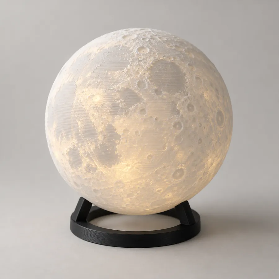 Lámpara con forma de luna impresa en 3D, encendida con luz cálida